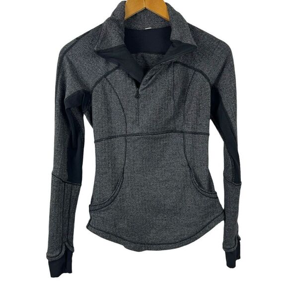 Lululemon Size 2 Base Runner 1/2 Zip Heathered Herringbone Black Running Top - Picture 2 of 16